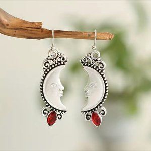 Man in the Moon, Crescent Moon, Red Stones, Silver Earrings